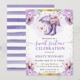 Invitación Paraguas de primavera púrpura y dorado Sweet 16