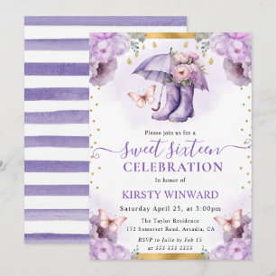 Invitación Paraguas de primavera púrpura y dorado Sweet 16