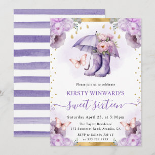 Invitación Paraguas de primavera púrpura y dorado Sweet 16