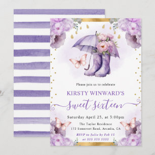 Invitación Paraguas de primavera púrpura y dorado Sweet 16
