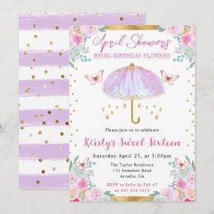 Invitación Paraguas de primavera púrpura y dorado Sweet Sixte