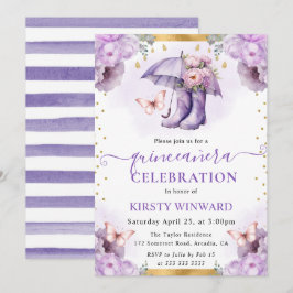 Invitación Paraguas de Quinceañera de primavera púrpura y dor