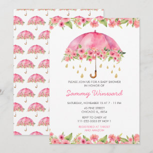Invitación Paraguas Floral Rosa Baby Shower