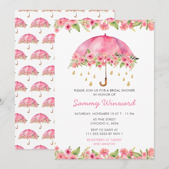 Invitación Paraguas Floral Rosa Despedida de Soltera (Anverso / Reverso)