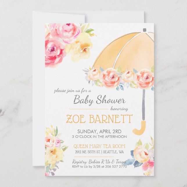 Invitación Paraguas florales Baby Shower Personaliza RSVP (Anverso)