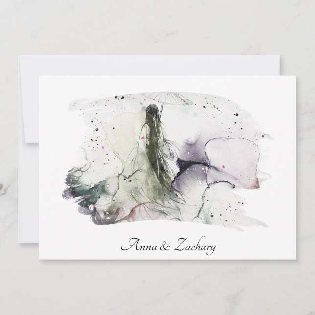 Invitación *~* Paraguas Japón Mujer RSVP QR AR27 Boda (Anverso)