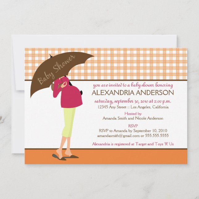 Invitación Paraguas Mommy Gingham Baby Shower Invite (naranja (Anverso)