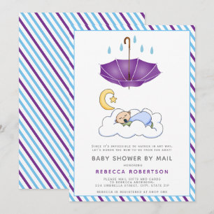 Invitación Paraguas morado, ducha de bebé niño dormido por co