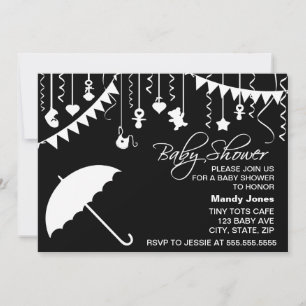 Invitación Paraguas negros y blancos, moderna ducha de bebé