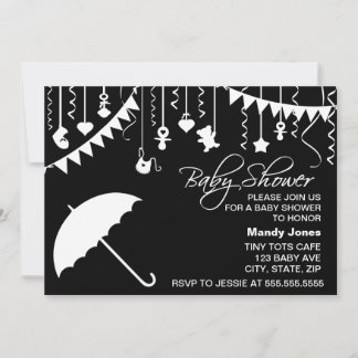Invitación Paraguas negros y blancos, moderna ducha de bebé