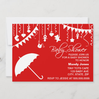 Invitación Paraguas rojos y blancos, moderna ducha de bebé