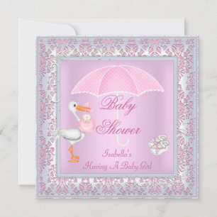 Invitación Paraguas Rosa Damasco para Baby Shower de Niña