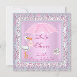 Invitación Paraguas Rosa Damasco para Baby Shower de Niña