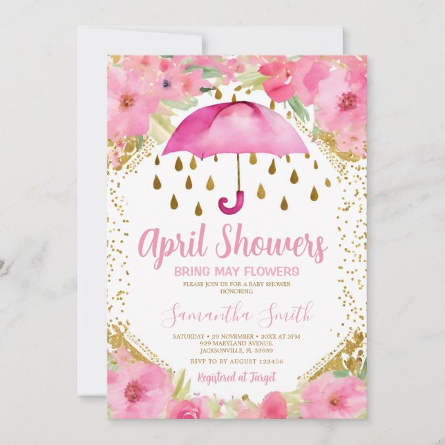 Invitación Paraguas rosa Las duchas de abril traen flores de  (Anverso)