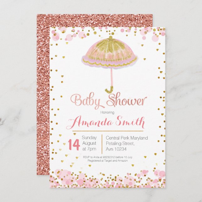 Invitación Paraguas rosado Gold para bebés con ducha (Anverso / Reverso)