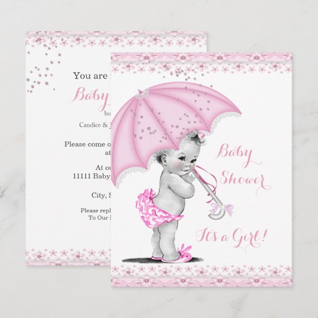 Invitación Paraguas rosado rociado Chica de Baby Shower (Anverso / Reverso)