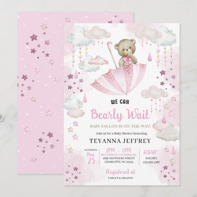 Invitación Paraguas rosados Teddy Bear Baby Sprinkle Baby Sho (Anverso / Reverso)