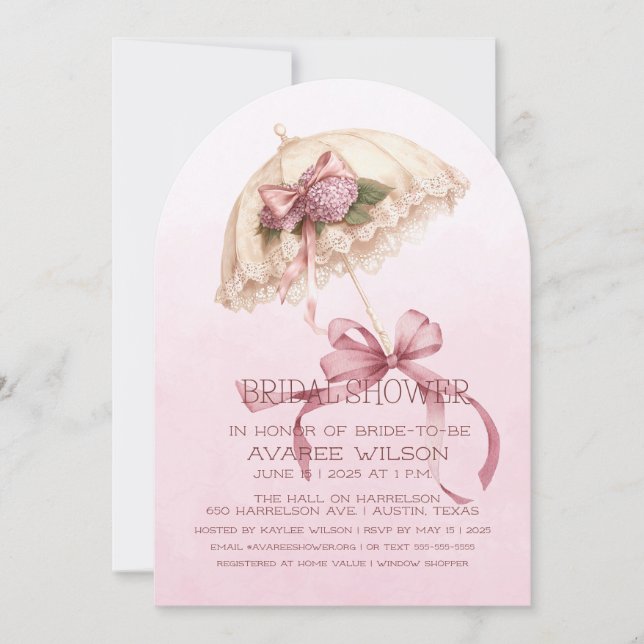 Invitación Paraguas rosados y ducha de novias con cintas (Anverso)