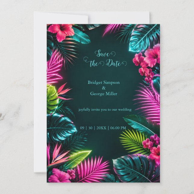 Invitación Paraíso de Boda Botánico Neón Tropical (Anverso)