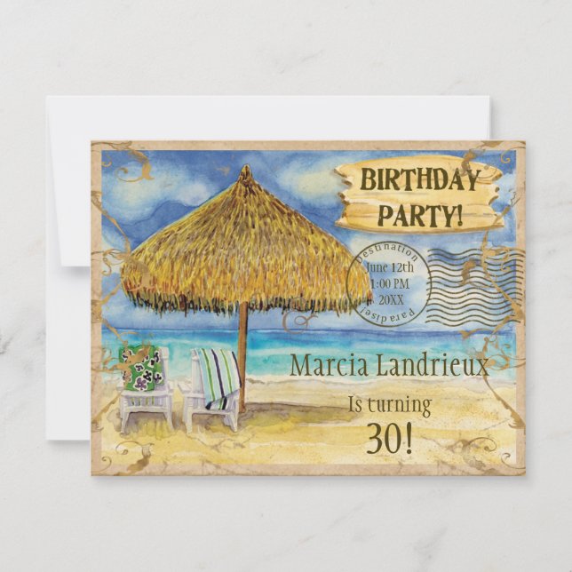 Invitación Paraíso de Destino Fiesta de Cumpleaños en Playa T (Anverso)