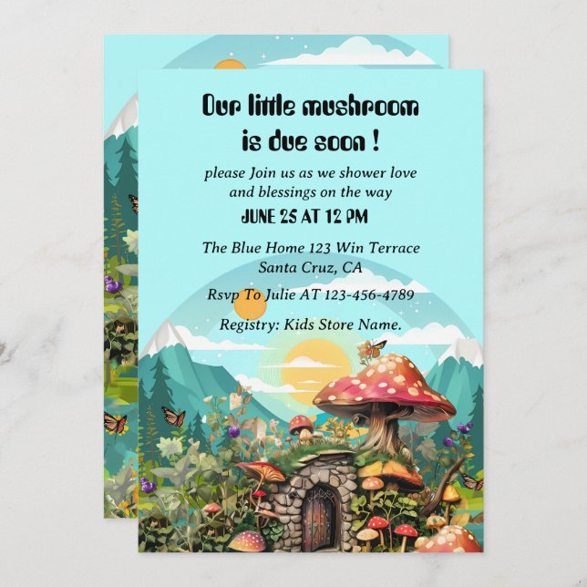 Invitación Paraíso de hongos ducha de bebé mágica (Anverso / Reverso)
