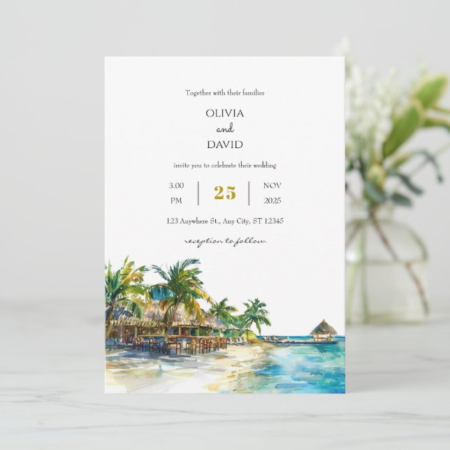Invitación Paraíso de palmas tropicales Viaje Boda de playa d (Anverso de pie)