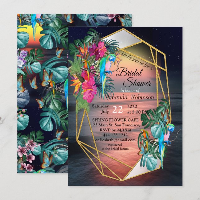 Invitación Paraíso tropical de flores al atardecer (Anverso / Reverso)