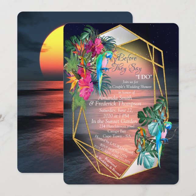 Invitación Paraíso tropical de flores al atardecer (Anverso / Reverso)