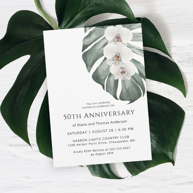 Invitación Paraíso tropical de las orquídeas blancas (Celebrate a 50th wedding anniversary in island style with this white orchid invitation.)