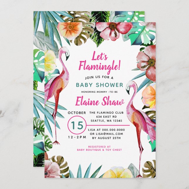 Invitación Paraíso tropical Flamingo rosa Baby Shower (Anverso / Reverso)