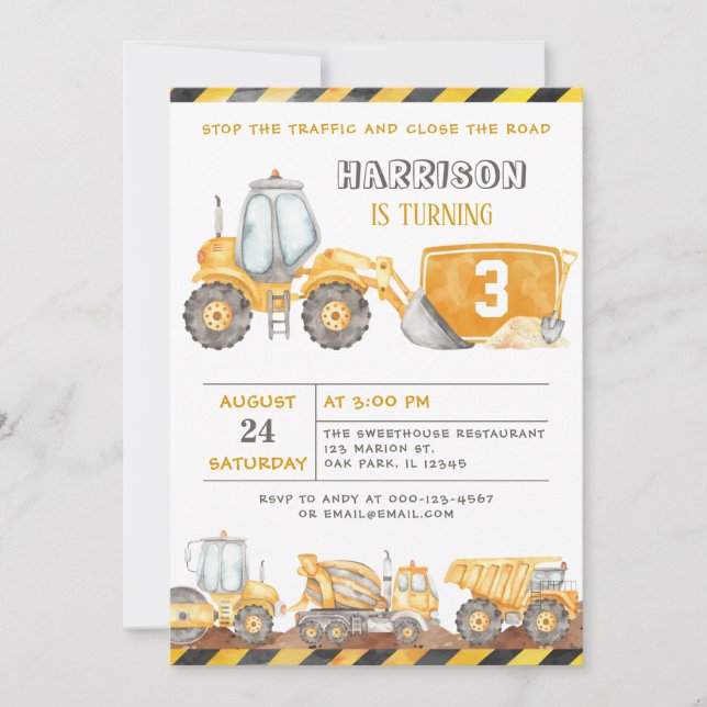 Invitación Parar el tráfico Construcción Camiones Cumpleaños (Anverso)