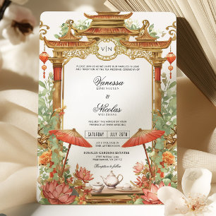 Invitación Parasol rojo asiático y Boda de flores Lotus