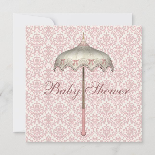 Invitación Parasol rosa vintage Sombrilla Baby Shower (Anverso)