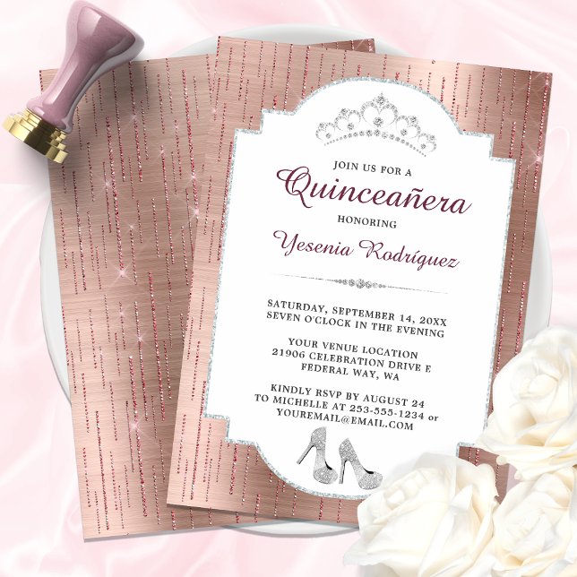 Invitación Parca de oro Rosa Diamond Tiara Quinceañera (Rose Gold Sparkle Diamond Tiara Quinceañera Invitation)