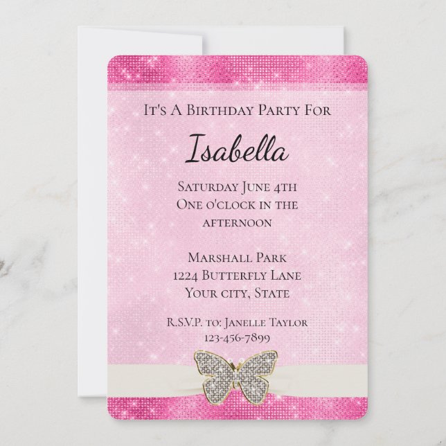 Invitación Parca rosada Diamante Mariposa (Reverso)