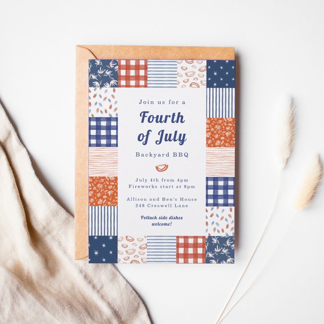 Invitación Parche 4 de julio BBQ (Red, white, and patriotic! A patchwork invitation of Fourth of July favorites.)