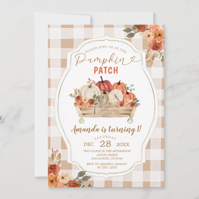 Invitación Parche de calabaza Autumn Gingham Floral Primer Cu (Anverso)