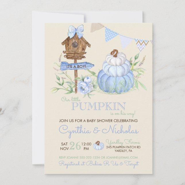 Invitación Parche de calabaza azul Birhouse Boy Baby Shower (Anverso)
