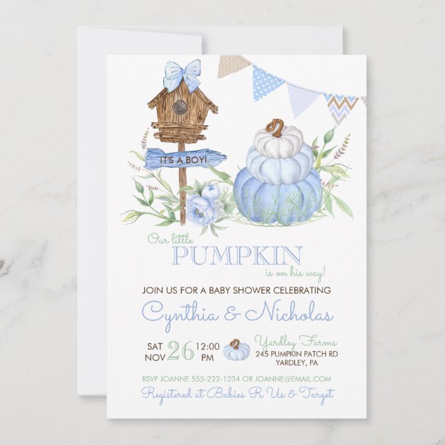 Invitación Parche de calabaza azul Birhouse Boy Baby Shower (Anverso)