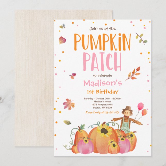 Invitación Parche de calabaza de cumpleaños de la calabaza de (Anverso / Reverso)