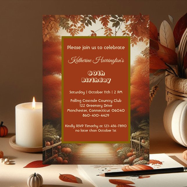 Invitación Parche de calabaza de paisajes otoñales 60º cumple (Autumn Landscape Pumpkin Patch Fall colors 60th Birthday Invitation)