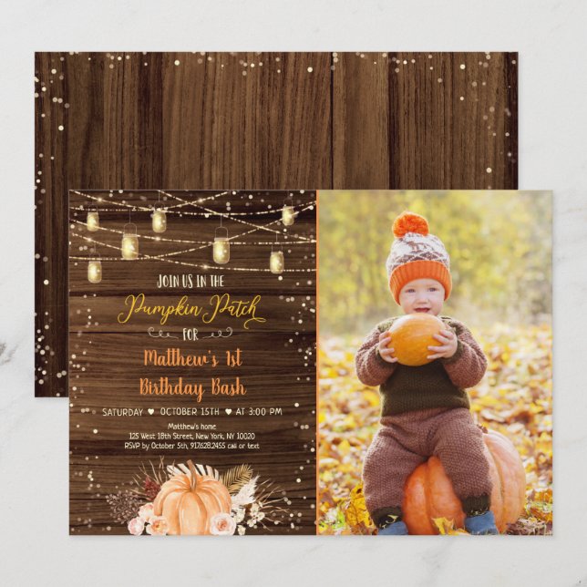 Invitación Parche de calabaza Luces de cuerdas rusticas Cumpl (Anverso / Reverso)