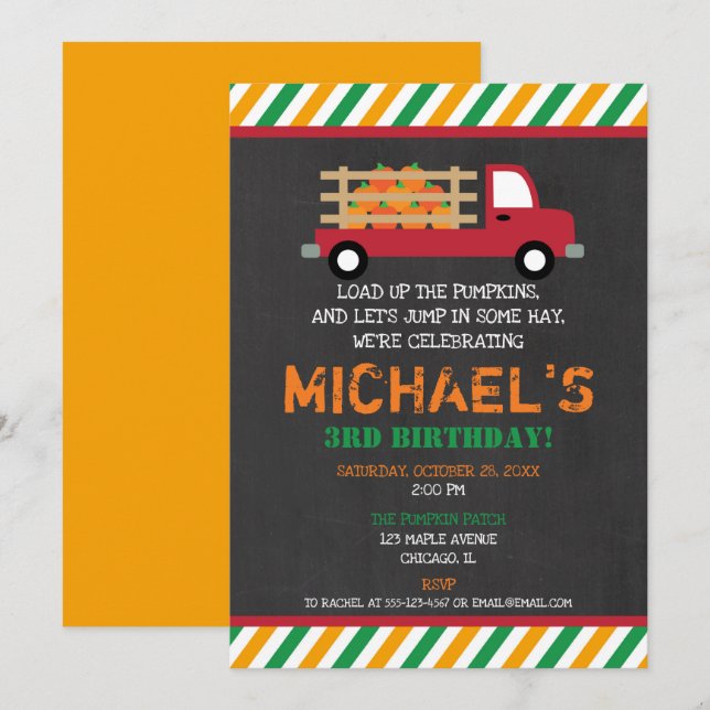 Invitación Parche de calabaza naranja niño verde cumpleaños (Anverso / Reverso)