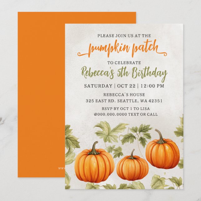 Invitación Parche de calabaza Naranja Quemado de Caída Cumple (Anverso / Reverso)
