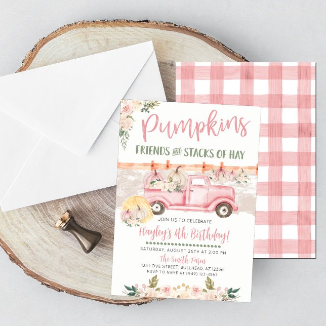 Invitación Parche de calabaza otoñal Camión Viejo Rosa Cumple (Subido por el creador)