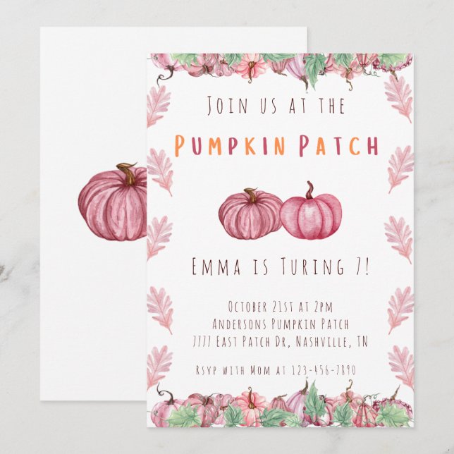 Invitación Parche De Calabaza Para Chicas Rosados Y Naranjas (Anverso / Reverso)