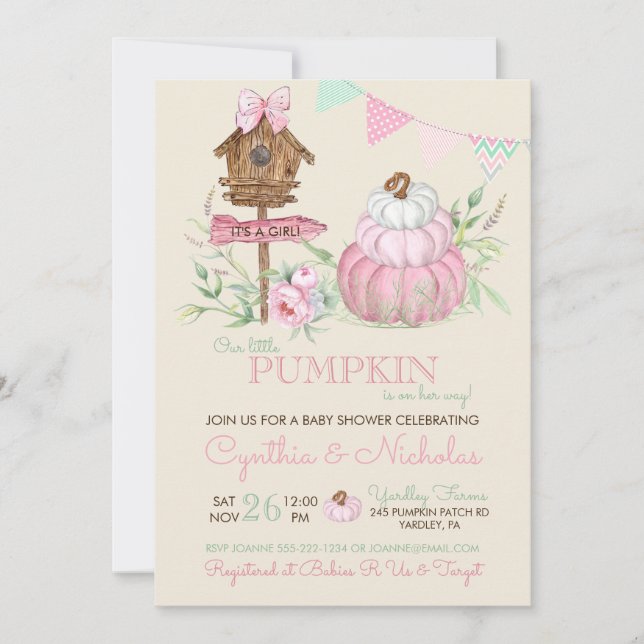 Invitación Parche de calabaza rosa Chica de la casa de famili (Anverso)