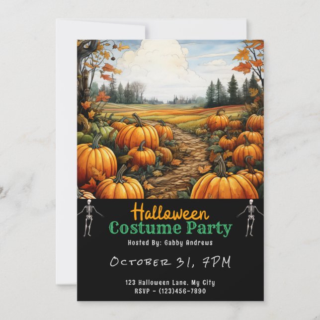 Invitación Parche de calabaza y Naranja deja Halloween negro (Anverso)