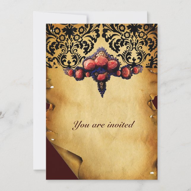 INVITACIÓN PARCHÉ DE DAMASCO Y ROSAS DE CORAL ROSADO (Anverso)