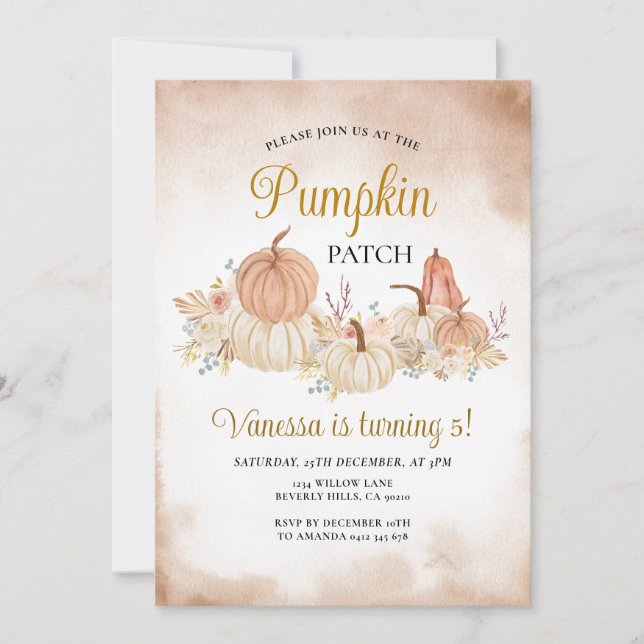 Invitación Parche de la Calabaza Caída Cumpleaños Boho Floral (Anverso)